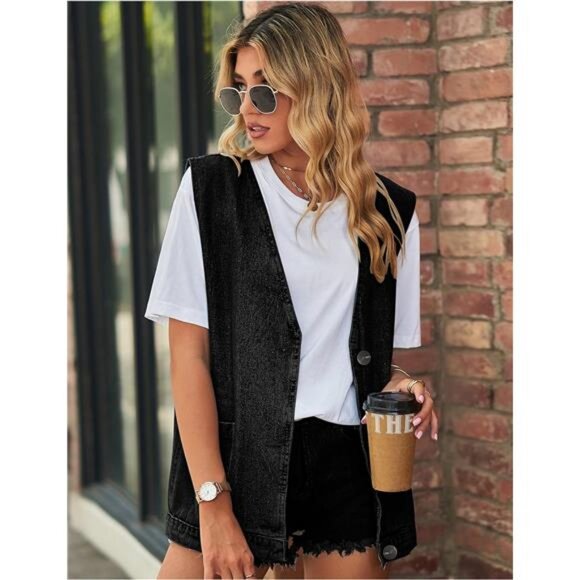 New Women's Cropped Distressed Denim Vest - Ripped Sleeveless Jean Jacket with - Picture 5 of 7